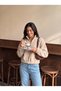 Beige Cotton-Polyester Blend Sweatshirt with Half Zipper, Stand-Up Collar and Drawstring Waist Detail