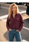 Burgundy Cotton Blend Off-Shoulder Oversize Basic Buttoned Shirt with Heart Embroidery Detail