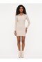 Cream Knitwear Fabric Polo Neck Long Sleeve V-Neck Detailed Slim Fit Mini Dress - 2