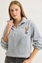 Gray Welsoft Soft Textured Stand Collar Comfortable Cut Sweatshirt with Chest Embroidery and Half Zipper Detail - 6
