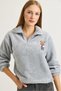 Gray Welsoft Soft Textured Stand Collar Comfortable Cut Sweatshirt with Chest Embroidery and Half Zipper Detail - 5