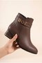 Women's Ankle Belted Metal Buckle Low Thick Heeled Boots Round Toe Zippered Comfortable Stylish Office and Daily Boots - 3