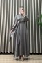 Ni̇hal Elbi̇se Kraş Satin Fabric in Vision Color with Balloon Sleeves, Tie-Up Accessories, Detailed Neckline, Long Stylish Hijab Evening Dress.