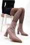 Women's Pointed Toe Back Zipper Mink Suede Stretch Thick Heeled Stretch Boots - 7