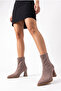 Women's Pointed Toe Back Zipper Mink Suede Stretch Thick Heeled Stretch Boots - 6