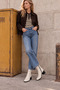 Women's Beige Blunt Toe Leather Plain Thick Heeled Side Zipper Stretch Boots - 6