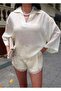 Striped Transparent Fabric Polo Collar Blouse — Beige - 6