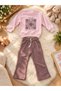 100% Cotton Girls' Tracksuit Set Acapella Floral Printed Sweatshirt Wide-Leg Pants Pink Brown - 7