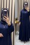 Nur Elbi̇se Crystal Belis Fabric Women's Navy Blue Two Side Body-Fitting Stone Detailed Leather Insert Stylish Dress - 2
