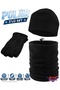 Men's Black Winter Thermal Fingerless Cut-Out Fleece Gloves - Fleece Beanie - Fleece Drawstring Neck Collar Set of 3