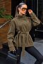 Women's Khaki Suede Textured Belted Oversize Premium Coat - 2