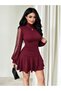 Women's Turtleneck Sleeves Pearl and Tulle Detailed Draped Mini Sandy Dress - 4