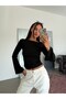 Side Gathered Boat Neck Long Sleeve Blouse - Black - 2
