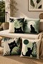 Set of 4 Cushion Covers with Green Botanical and Black Cat Pattern