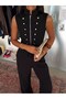 Ornamental Buttoned Zippered Vest - Black - 2