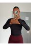 Square neck ruched long sleeve blouse - black - 3