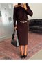 Elastic Waist Bat Sleeve Dress - Brown - 2