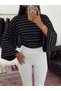 Striped Blouse with Gathered Sides - Black - 3