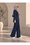 Women's Navy Blue Ribbed Front Wide-Leg Modal Fabric High Waist Gathering Pants Leggings & Oversize Hijab Tunic Two-Piece Set - 2
