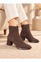 Women's Bitter Brown Suede 5 cm Block Heeled Blunt Toe Zippered Stylish Socket Boots