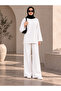 Women's White Ribbed Front Wide-Leg Modal Fabric High Waist Gathering Pants Leggings & Oversize Hijab Tunic Two-Piece Set