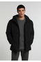 Regular Fit Hooded Buttoned Lined Men's Black Coat
