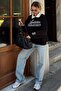 Black Artistic Embroidered Polo Collar Cotton Women's Sweatshirt