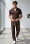 Men's Coffee-Beige Ribbed Lisbon Collar T-Shirt Double Ribbed Sweatpants Casual Combination Set - 2