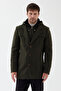 Bergamo Men's Khaki Hooded Thick Stand Collar Cashmere Coat with Zipper Regular Fit