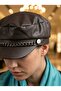 Chain Detailed Black Leather Cap Hat Women's Winter Newsboy Hat Faux Leather Stylish Cap Model - 7
