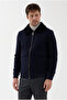 Bergamo Men's Navy Blue Zippered Skirted Coat with Ribbed Collar and Fur Trim, Slim Fit Short Cashmere Coat - 5