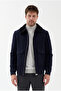 Bergamo Men's Navy Blue Zippered Skirted Coat with Ribbed Collar and Fur Trim, Slim Fit Short Cashmere Coat