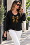 Women's V-Neck Long Sleeve Patterned Stylish Single Jersey Blouse