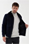Bergamo Men's Navy Blue Zippered Skirted Coat with Ribbed Collar and Fur Trim, Slim Fit Short Cashmere Coat - 2