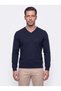 Navy Blue V-Neck Knitted Patterned Men's Sweater