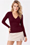 Women's Burgundy V-Neck Long Sleeve 95% Cotton Ribbed Basic Blouse