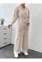 Women's Ecru Long Hooded Knitwear Cardigan with Hair Braid Pattern and Button Pockets - 2
