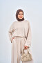 Women's Grass Detail Crew Neck Elastic Waist Suit Cream - 3