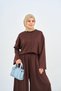 Women's Grass Green Detail Crew Neck Elastic Waist Suit Brown - 3