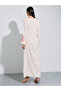 Cream Embroidered Long Sleeves V-Neck Maxi Jalabiya with Solid Scarf - 5