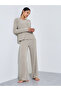 Brown Ribbed Knit V-Neck T-Shirt and Straight Leg Pants Pyjama Set