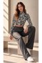 Women's Ecru Black Zebra Pattern Stand Collar Long Sleeve Viscose Fabric Cropped Blouse