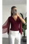 Women's Burgundy V-Neck Chiffon Sleeve Slit Detailed Gathered Spanish Sleeve Stylish Blouse - 2