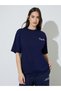 Navy Blue Slogan Embroidered Short Sleeves Oversized T-Shirt - 3