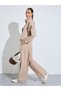 Beige Wide Leg Mid Rise Pants with Side Seam Piping - 2