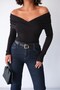 Women's Black Viscose Ribbed Boat Neck Cross Draped Long Sleeve Fit Blouse - 4