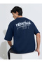 Navy Blue Slogan Print Crew Neck Oversized T-Shirt