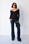 Women's Black Viscose Ribbed Boat Neck Cross Draped Long Sleeve Fit Blouse - 6