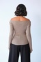 Women's Mink Viscose Ribbed Boat Neck Cross Draped Long Sleeve Fit Blouse - 7