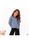 Girl's Navy Blue-White Striped Crew Neck Embroidered Sweatshirt